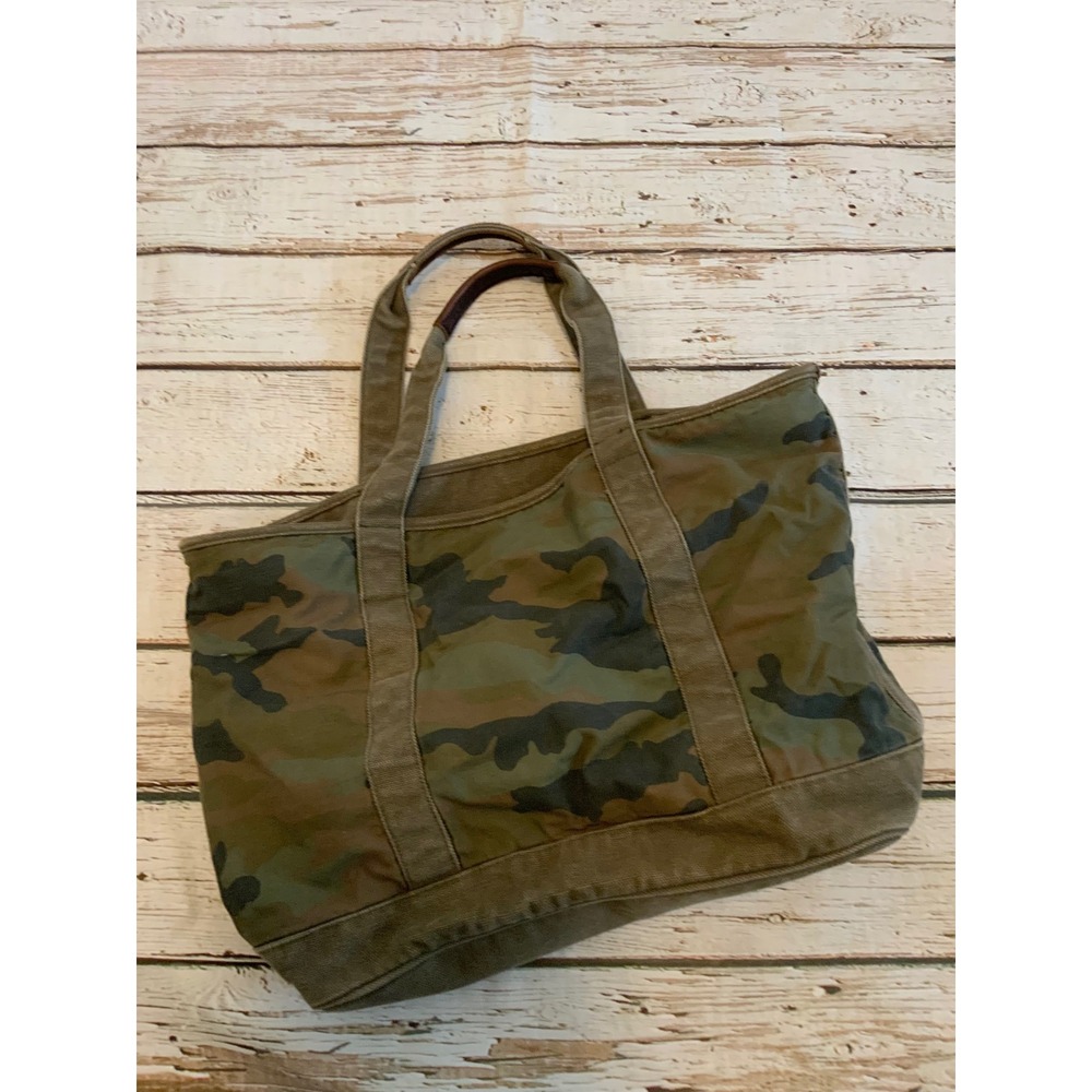 J. Crew Camo Canvas Tote Bag Green Brown Woodland Camouflage Zipper Top Large